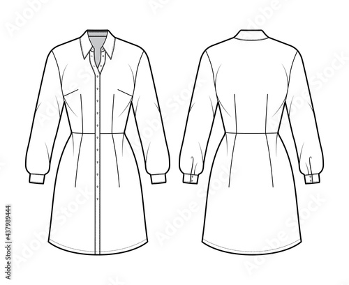 Dress shirt technical fashion illustration with long sleeves, fitted, knee length pencil skirt, classic collar, button closure. Flat apparel front, back, white color style. Women men unisex CAD mockup