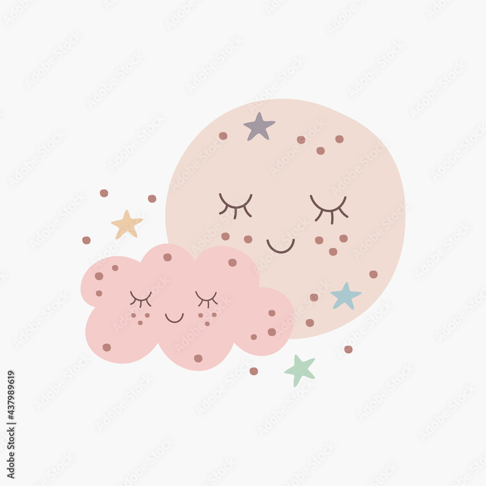 Scandinavian boho cute cartoon planet and cloud in pastel colors. Hand drawn vector element for nursery decoration, baby shower, birthday, children's party, poster, invitation, postcard, kids clothes Scandinavian boho cute cartoon planet and cloud in pastel colors. Hand drawn vector element for nursery decoration, baby shower, birthday, children's party, poster, invitation, postcard, kids clothes