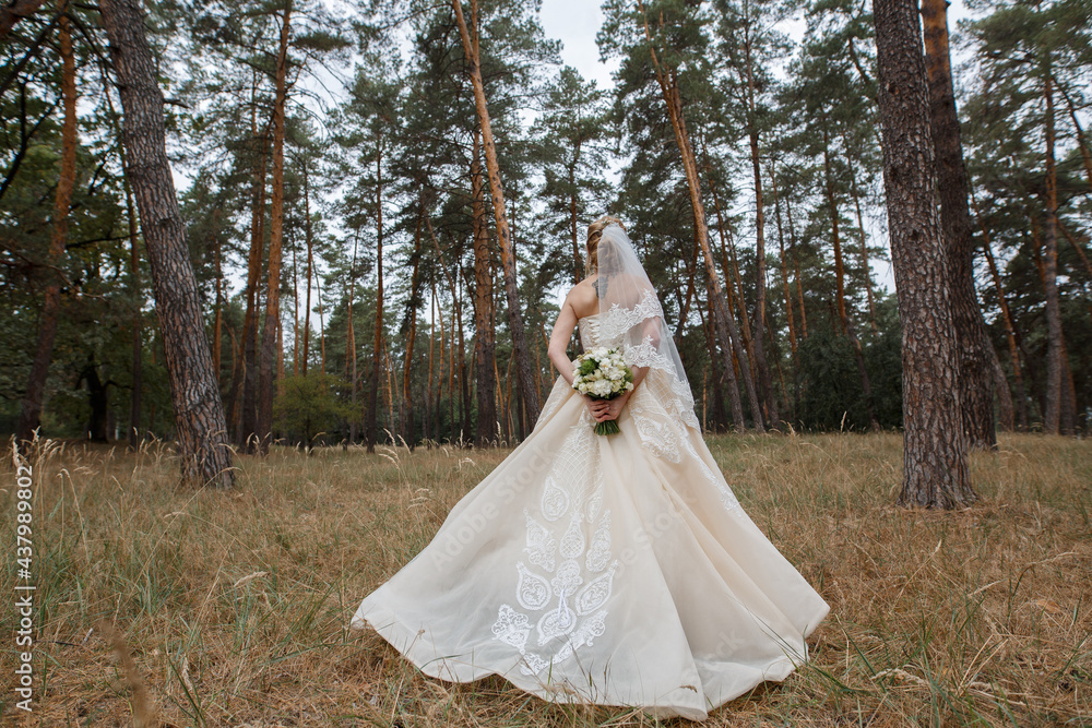 beautiful bride with  bouquet of flowers with copy space for text.
Bride in beige lace dress and veil outdoor back view.
beautiful  bride in green forest .
Stylish bride in green park  on nature