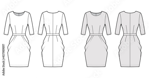 Dress tulip technical fashion illustration with elbow sleeves  fitted body  knee length peg-top pencil skirt. Flat apparel front  back  white  grey color style. Women  men unisex CAD mockup