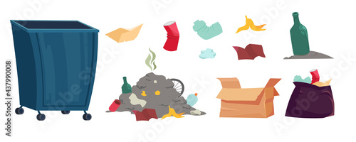 Garbage, trash and litter bin isolated cartoon set. Old plastic cups, glass bottles, creased carton box and sack full of wastes, container with recycling symbol on white background Vector illustration