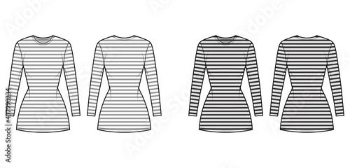 Dress sailor technical fashion illustration with stripes, long sleeves, fitted body, mini length pencil skirt. Flat apparel front, back, white, grey color style. Women, men unisex CAD mockup