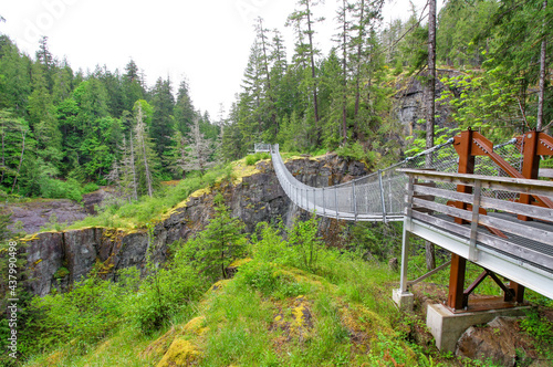 Vancouver Island - Elk Falls Provincial Park suspension bridge. The view on the bridge above deep canyon surrouded by lush forest.