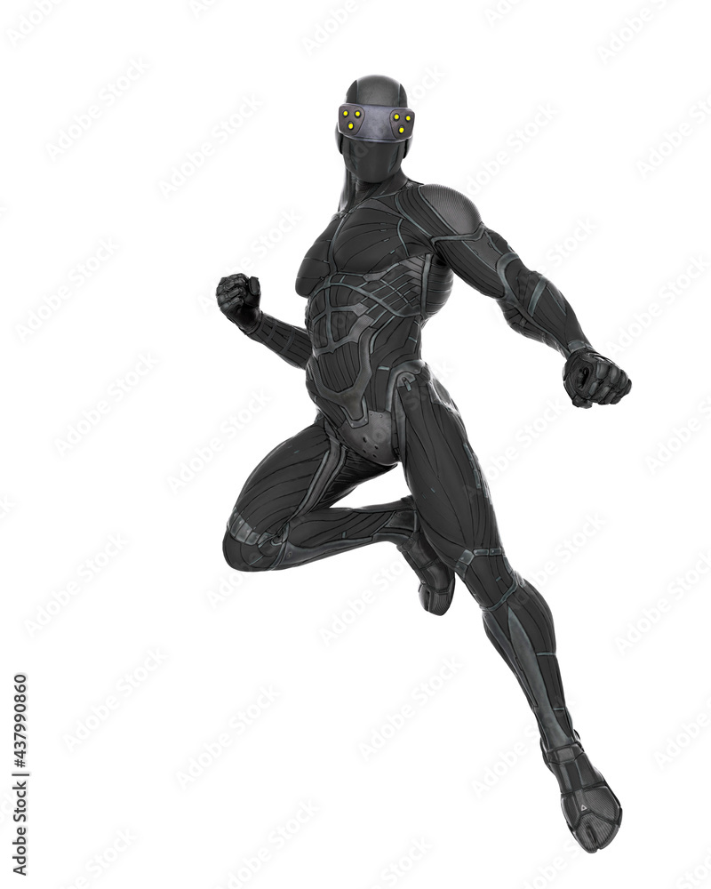 super hero in a exosuit is floating super hero in a exosuit is floating
