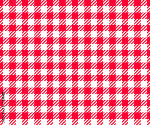 Red and white checkered background with striped squares for picnic blanket, tablecloth, plaid, shirt textile design. Gingham seamless pattern. Fabric geometric texture. Vector flat illustration.