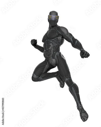 super hero in a exosuit is floating
