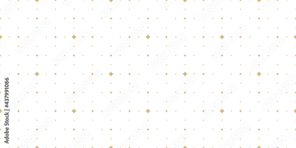 Subtle golden vector seamless pattern with small diamond shapes, stars, rhombuses, dots. Simple wide geometric background. Abstract minimal white and gold texture. Luxury repeat design for decor, wrap - obrazy, fototapety, plakaty 