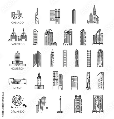 Simple linear Vector icon set representing global tourist american landmarks and travel destinations for vacations #437991072
