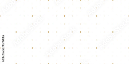 Subtle golden vector seamless pattern with small diamond shapes, stars, rhombuses, dots. Simple wide geometric background. Abstract minimal white and gold texture. Luxury repeat design for decor, wrap