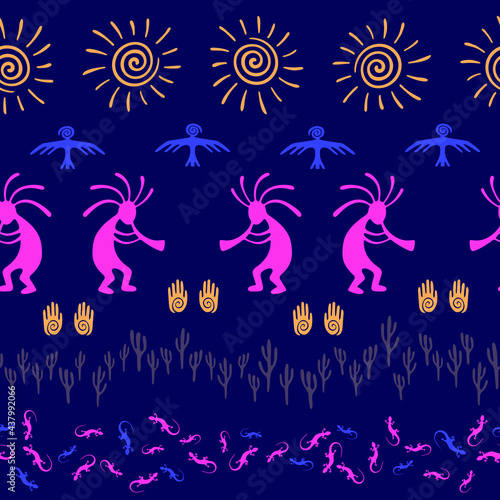 design with lizard, Kokopelli fertility deity, sun, eagle, cacti.