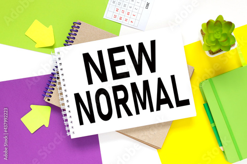 New Normal.notepad on a colorful background. white purple and yellow background. photo