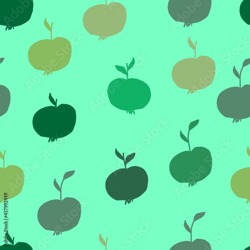 green apples vector seamless pattern. Fruit with leaves, diet vitamin yellow background