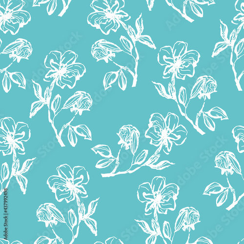 seamless contour floral vector pattern with twigs and leaves on contrasting lilac background
