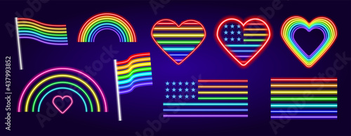 a set of vector neon signs of the LGBT community. isolated elements of glow-in-the-dark rainbows, American rainbow flag, multicolored heart. neon gay and lesbian love symbol for design template