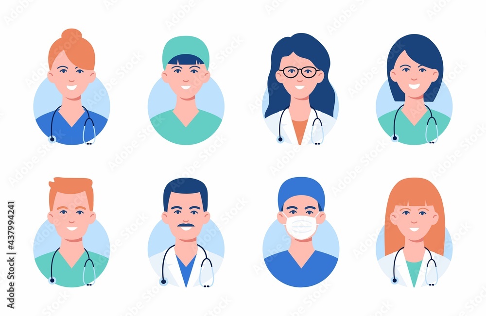 Doctors and nurses avatars in medical masks. Set of medicine employee faces. Group men and women portfolio avatars isolated on white background. Vector illustration. Healthcare concept. Hospital staff Doctors and nurses avatars in medical masks. Set of medicine employee faces. Group men and women portfolio avatars isolated on white background. Vector illustration. Healthcare concept. Hospital staff