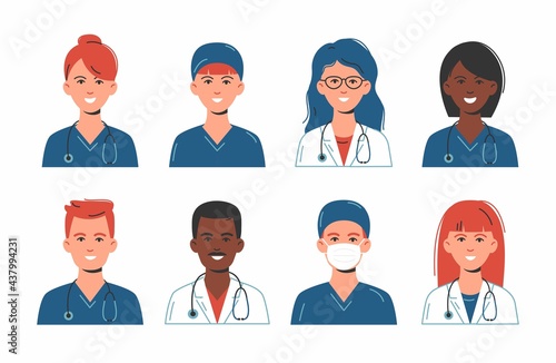 Doctors and nurses avatars in medical masks. Set of medicine employee faces. Group men and women portfolio avatars isolated on white background. Vector illustration. Healthcare concept. Hospital staff