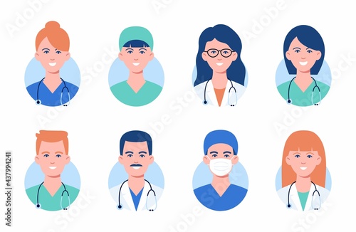 Doctors and nurses avatars in medical masks. Set of medicine employee faces. Group men and women portfolio avatars isolated on white background. Vector illustration. Healthcare concept. Hospital staff