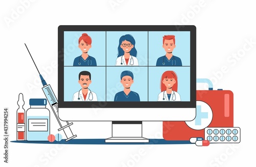 online medical consultation and support concept, healthcare services, group of doctors teleconferencing with stethoscope on computer screen, conference video call, new normal, flat vector illustration