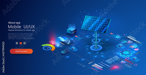 Futuristic blue solar isometric battery, solar panel, renewable energy. A modern 3d graphic concept. Solar panel on the background of charts and indicators. Vector illustration