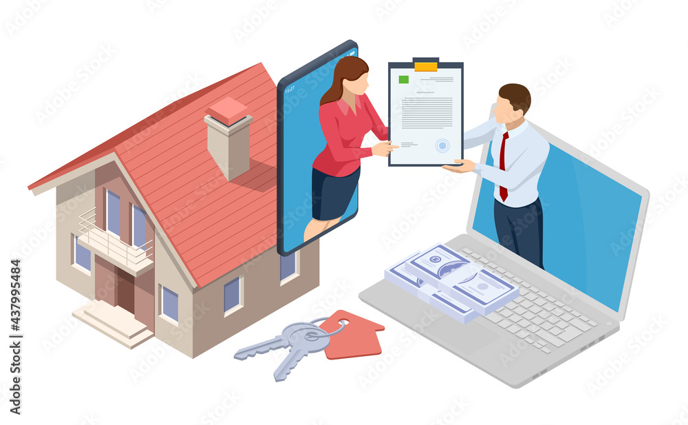 Isometric signed real estate purchase or lease agreement. Buyer. Mortgage online, new home buying online. Buying, selling or renting real estate - obrazy, fototapety, plakaty 
