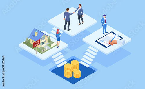 Isometric signed real estate purchase or lease agreement. Buyer. Mortgage online, new home buying online. Buying, selling or renting real estate