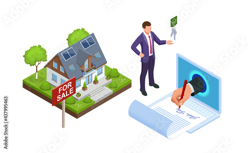 Isometric signed real estate purchase or lease agreement. Buyer. Mortgage online, new home buying online. Buying, selling or renting real estate