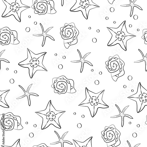 Marine summer seamless pattern. Line art contour. Coloring book. Sea shels vector monochrome  texture background.