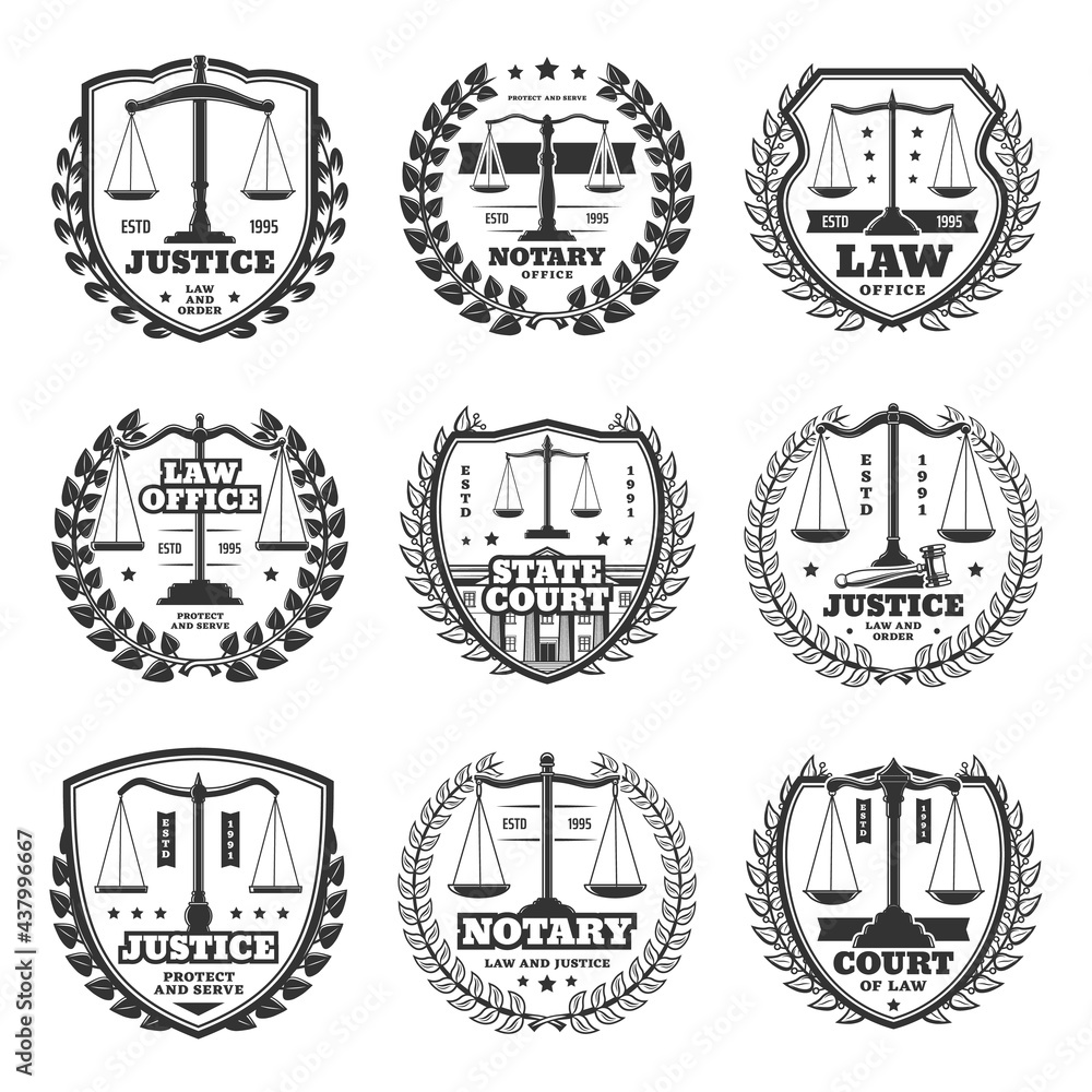 Notary office and court icons, justice service retro emblems and labels. Monochrome vector scales of justice symbol, court building and laurel wreath. Attorney or advocate firm round and shield emblem