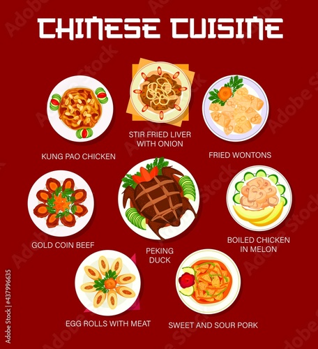 Chinese food and Asian cuisine menu dishes, vector lunch and dinner meals plates. Chinese cuisine traditional Peking duck with sweet and sour pork, fried wontons, egg rolls and Kung Pao chicken