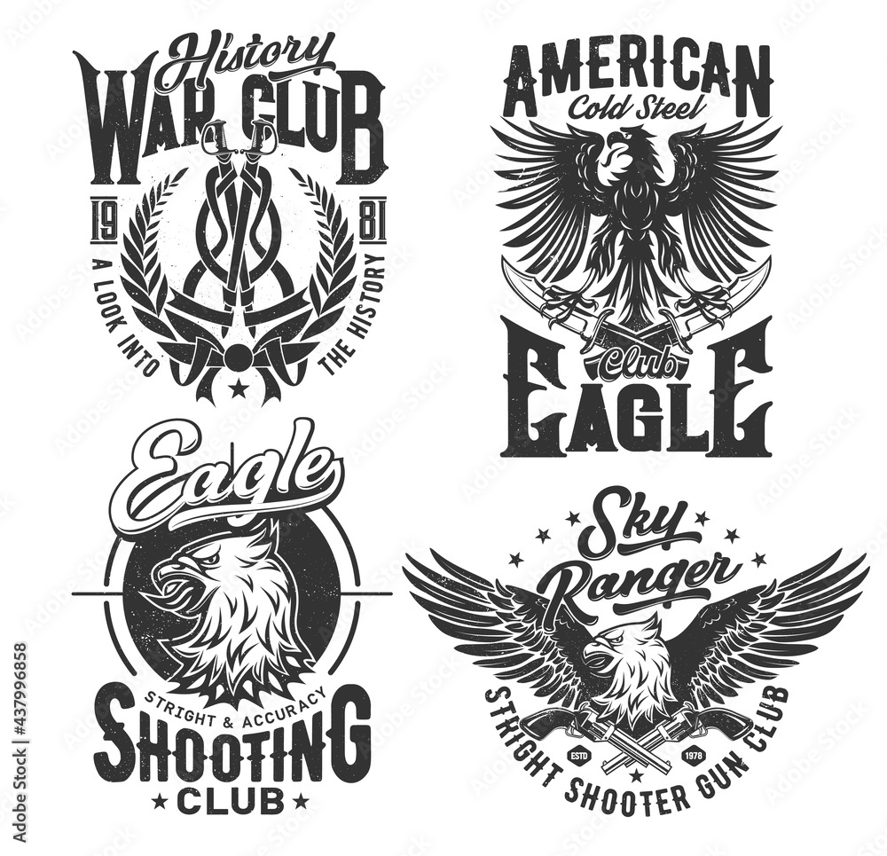 Eagle American t shirt print, club of shooting, vector emblem icons. Sky rangers and military shooting range club badges with gothic heraldic eagle bird with wings, history war club laurel and swords