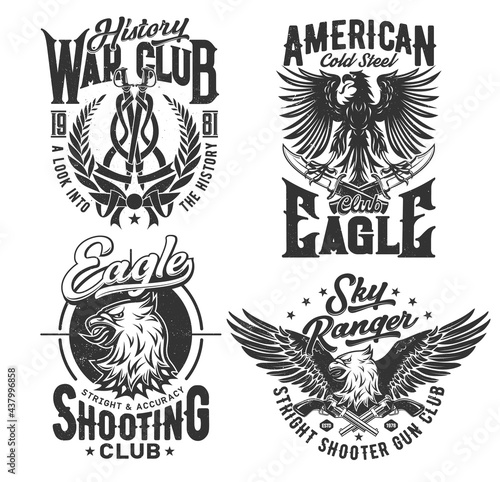 Eagle American t shirt print, club of shooting, vector emblem icons. Sky rangers and military shooting range club badges with gothic heraldic eagle bird with wings, history war club laurel and swords
