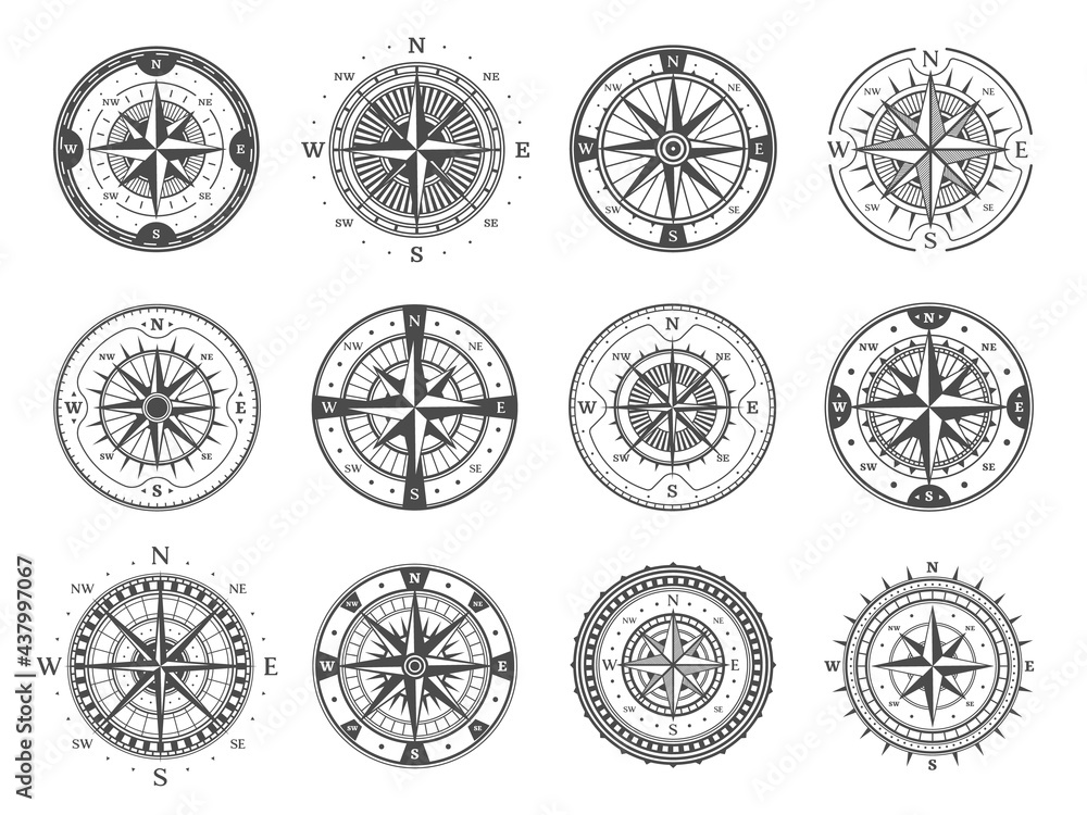 Antique compass with wind rose arrows. Vintage compass with star, cardinal directions and meridian scale. Monochrome vector marine navigation, exploration and age of geographical discover symbol