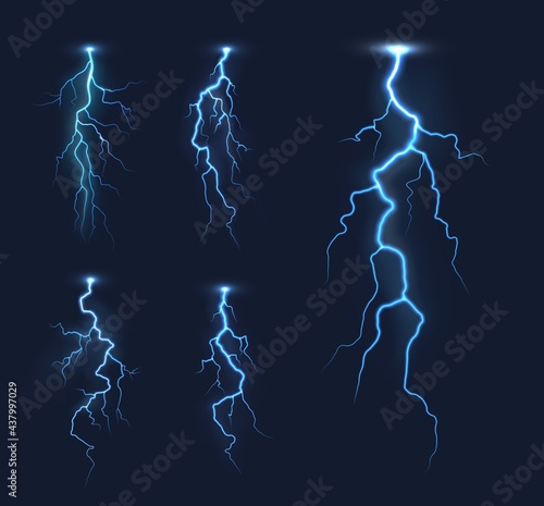 Lightning thunderbolts, thunderstorm bolt vector light effects. Rainstorm electric discharge, lightning strike or energy flash with bright, glowing blue light flares in night sky