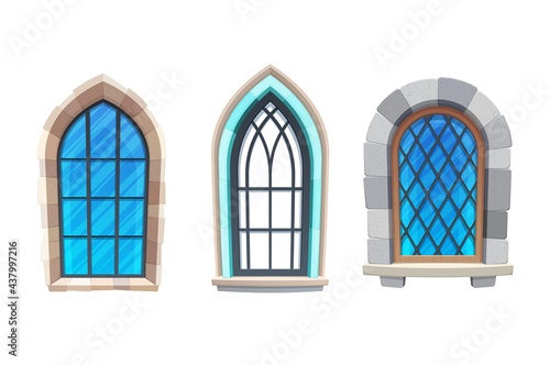 Window of medieval castle or fortress interior. Church, cathedral or temple exterior element, gothic architecture building cartoon vector arch windows with metal, wooden frames and stone masonry