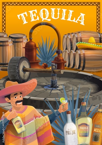 Mexican tequila drink production. Cartoon vector man in sombrero and poncho, drinking tequila with lime, blue agave plant, tahona mill and pot still, barrels, mezcal, tequila and pulgue bottles