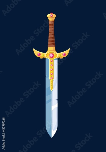 Magical cartoon knight sword blade, vector cold steel arms decorated with precious gems and golden handle wrapped with leather lace. Ui design element for computer game isolated on blue background