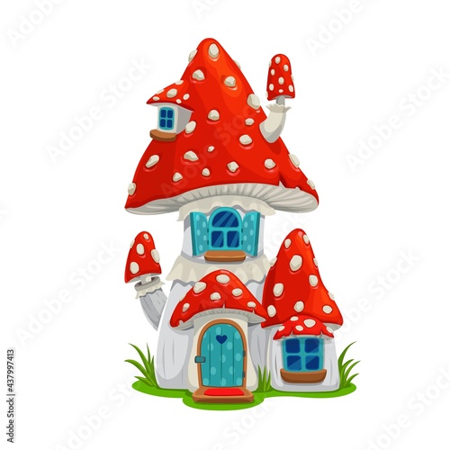 Mushroom fairy house dwelling of elf or gnome, vector fly agaric cartoon building, fairytale home with blue wooden door, windows with shutters and pipe on roof. Isolated fantasy cute building house