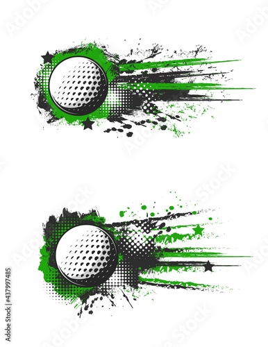 Golf sport grunge banners. Flying after strike golf ball, green and black paint splashes, drops and traces. Golf club, sport tournament game vintage banner with paint smudges, stars and halftone