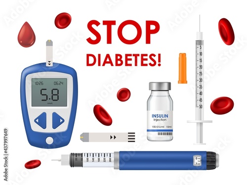 Diabetes disease, glucometer, insulin and syringe with test strip, blood hemoglobin cells or drop. Stop diabetes medicine equipment for measurement glucose in blood and sickness treatment isolated set