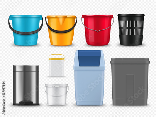 Plastic buckets, trash cans and containers mockup. Realistic vector household color buckets or pail with handles, office plastic and metal waste baskets and canisters, paint or food product jars