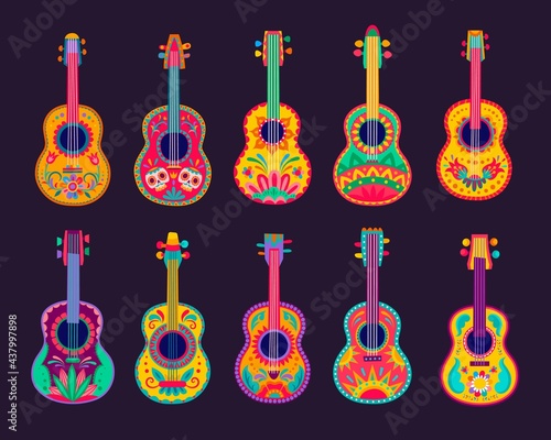 Cartoon Mexican guitars, vector latin music instruments of mariachi musicians with bright flower patterns, Calavera skulls and Mexico ethnic ornaments. Cinco de Mayo holiday fiesta party