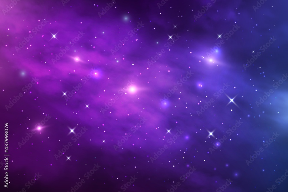 Space galaxy nebula, stardust and shining stars. Starry universe vector cosmic background with blue and purple realistic nebulosity and glow stars. Infinite cosmos, night sky wallpaper or backdrop - obrazy, fototapety, plakaty 