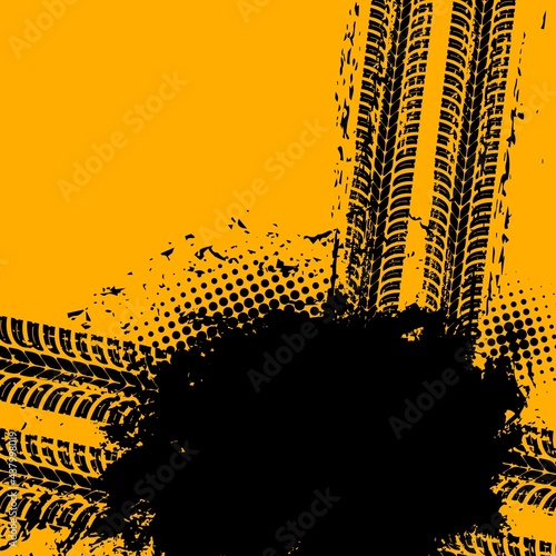 Vehicle tire rubber treads grunge vector background. Car tire protector marks, truck wheel dirty trails or wheel black trails. Transportation industry, racing background with mud stain, tyre tracks