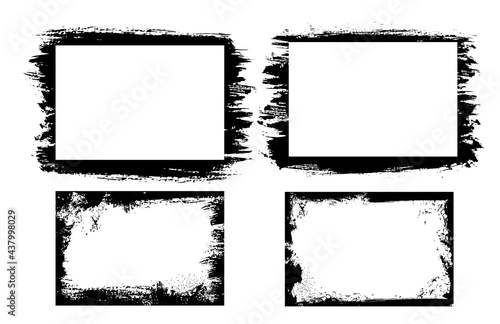 Grunge photo frames and borders with vector edges of distressed black paint brush strokes. Rectangular frame borders with rough textures, scratches, spots and smears, isolated background