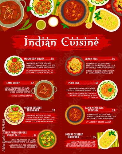 Indian cuisine restaurant menu template. Mushroom bhuna, lamb meatballs gushtaba and lamb curry, chicken with spinach Palak Murgh, yogurt shrikhand and deep fried peppers chilli bajji, lemon rice
