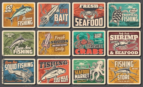 Seafood vector retro posters, fishing catch, fish gourmet restaurant, ocean and sea fishery industry. Chef delicatessen food, underwater animals squid, octopus and crab, tackle rent vintage cards photo