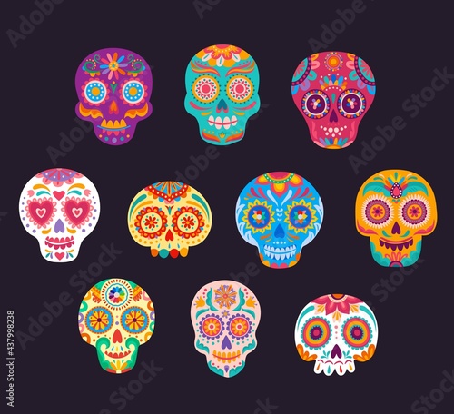 Mexican calavera cartoon sugar skulls vector set. Dia de los muertos craniums with flowers and floral pattern. Dead day decoration, traditional Mexico festival symbolic, Death holiday celebration