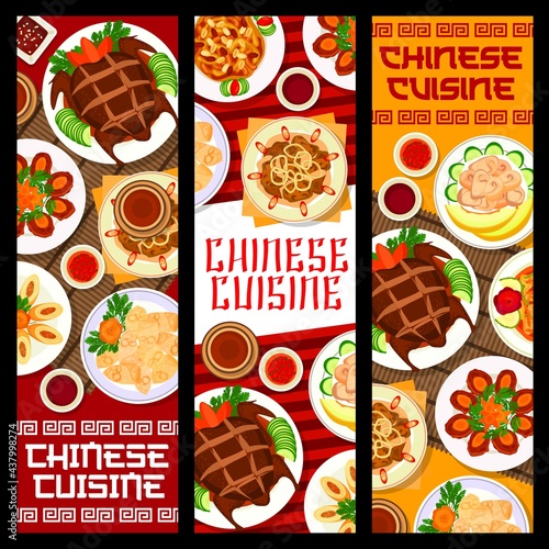 Chinese food banners, Asian cuisine and China restaurant menu covers, vector. Traditional Chinese Peking duck and wonton dumplings, stir fried liver with onion, sweet and sour pork with egg rolls meat