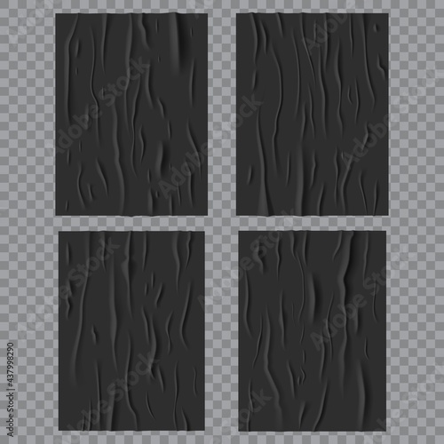 Black glued wet posters, wrinkled and crumpled paper texture. Vector creased rectangular sheets with corrugation isolated on transparent background, blank mockup for ads design. Realistic 3d set