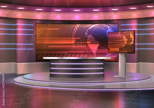 Breaking news television studio realistic vector interior. TV show, news broadcasting room with pedestal or podium, desk and big displays, screens with world globe. Modern media, journalism background